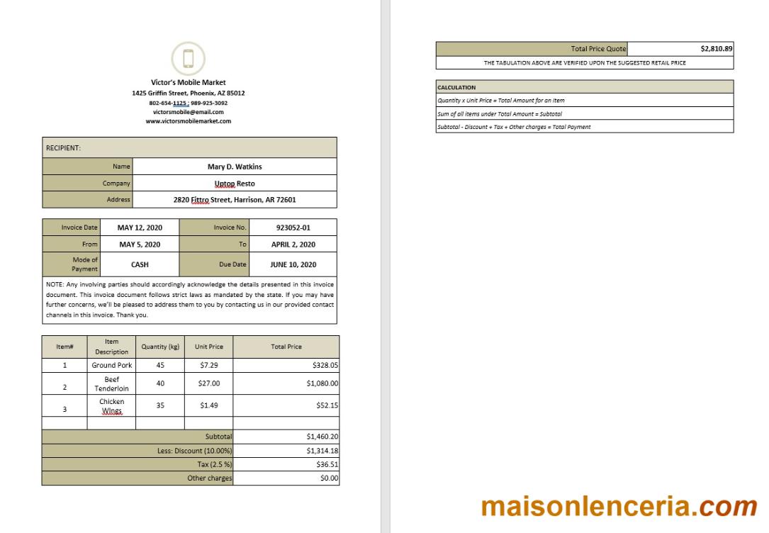 Pusta praca z szablonu faktury domowej w formatach Word i PDF